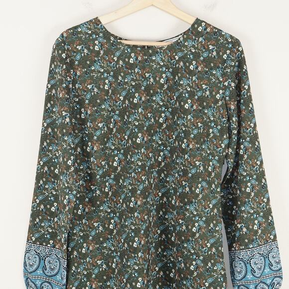 New Abercrombie & Fitch Long Sleeve Floral Green Paisley Shift Dress Womens L - Picture 2 of 11